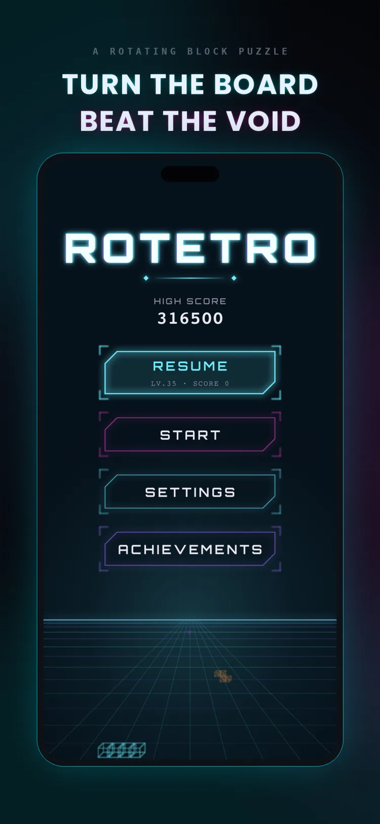 Rotetro main menu with high score and resume, start, settings, and achievements options